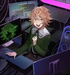  1boy black_ribbon black_skirt blush brown_eyes brown_hair computer crossdressing danganronpa danganronpa_1 eyebrows_visible_through_hair fujisaki_chihiro green_shirt hair_between_eyes happy headphones headphones_removed highres keyboard_(computer) kyandii long_skirt long_sleeves looking_at_viewer male_focus monitor neck_ribbon open_mouth otoko_no_ko ribbon school_uniform shirt short_hair skindentation skirt smile solo upper_teeth 