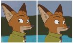  2020 anthro berriiazul border brown_body brown_fur canid canine clothed clothing disney fox fur green_eyes hi_res mammal meme necktie nick_wilde reaction_image red_fox shirt solo topwear white_border zootopia 
