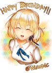  1girl :o artoria_pendragon_(all) bangs blonde_hair blue_neckwear blue_ribbon closed_eyes collared_shirt fate/stay_night fate_(series) hair_between_eyes hair_bun hair_ribbon happy_birthday highres open_mouth ribbon saber shirt sidelocks smile spanish_commentary white_shirt zasshu 