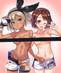  2girls :&lt; absurdres bangs black_hairband blush breasts brown_eyes brown_hair closed_mouth collarbone commentary_request dynamax_band eyebrows_visible_through_hair eyelashes gloves grey_hair gym_leader hairband hand_on_another&#039;s_hip highres holding holding_poke_ball looking_at_viewer multiple_girls navel nootomo open_mouth poke_ball pokemon pokemon_(game) pokemon_swsh print_shorts purple_eyes saitou_(pokemon) shiny shiny_hair short_hair shorts single_glove smile topless ultra_ball yuuri_(pokemon) 