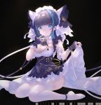  1girl absurdres animal_ears ass azur_lane black_background blue_eyes blue_hair breasts cheshire_(azur_lane) cleavage detached_sleeves eyebrows_visible_through_hair fake_animal_ears frilled_hairband frilled_headband frilled_ribbon frills full_body garter_straps hairband hand_to_own_mouth highres large_breasts long_ribbon maid_dress maid_headdress multicolored_hair naycot puffy_detached_sleeves puffy_sleeves purple_apron purple_hair ribbon simple_background solo streaked_hair thighhighs two-tone_hair white_legwear wrist_cuffs 