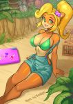  1girl animal_ears artist_name bare_arms bare_legs bare_shoulders bikini blonde_hair breasts cleavage coco_bandicoot collarbone commentary crash_bandicoot denim denim_shorts feet_out_of_frame flower furry green_bikini green_eyes hair_flower hair_ornament large_breasts long_hair looking_at_viewer nature on_ground open_mouth outdoors plant ponytail purple_flower redjet shorts sitting smile solo suspender_shorts suspenders swimsuit upper_teeth 
