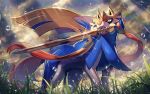  blue_fur commentary_request gen_8_pokemon grass highres holding holding_sword holding_weapon kuroi_susumu legendary_pokemon mouth_hold no_humans pokemon pokemon_(creature) rain sharp_teeth solo sword teeth water weapon yellow_eyes zacian 