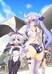 2girls absurdres ahoge ass ass_visible_through_thighs azur_lane bare_shoulders bikini bikini_bottom black_legwear blue_eyes blush breasts cameltoe cloud commentary_request double_bun elbow_gloves from_behind gloves hair_bun hand_on_hip highres impossible_clothes impossible_shirt kneepits leotard little_illustrious_(azur_lane) long_hair looking_back low_twintails multiple_girls open_mouth outdoors pantyhose purple_hair race_queen raranokusu ribbon shirt sideboob silver_hair sky smile sports_bikini sports_bra strapless strapless_leotard swimsuit thigh_gap thighband_pantyhose thighhighs thighs twintails umbrella unicorn_(azur_lane) visor_cap white_gloves white_legwear white_leotard 