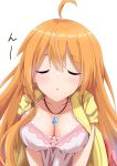  1girl ahoge blush breasts cleavage closed_eyes collarbone dress incoming_kiss jacket jewelry large_breasts long_hair necklace orange_hair pecorine pink_dress princess_connect! princess_connect!_re:dive simple_background solo syurimp upper_body white_background yellow_jacket 