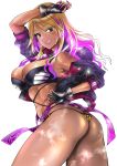  1girl absurdres animal_print ass bare_shoulders bikini black_gloves blonde_hair blush breasts cleavage dark_skin earrings eyebrows_visible_through_hair fingerless_gloves gloves grin hair_between_eyes highres idolmaster idolmaster_cinderella_girls izumi_mei jacket jewelry leopard_print long_hair looking_at_viewer purple_eyes purple_hair purple_nails shimao_kazu simple_background smile solo sweat swimsuit white_background 