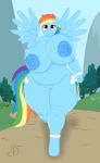  absurd_res anthro big_breasts breasts cogsfixmore equid equine female friendship_is_magic genitals hasbro hi_res huge_breasts jogging mammal my_little_pony nipples nude obese outside overweight pegasus pussy rainbow_dash_(mlp) solo thick_thighs tree wings 