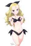  1girl artist_name ass_visible_through_thighs assam_(girls_und_panzer) bikini black_bikini blonde_hair blue_eyes blush breasts cameltoe closed_mouth collarbone dated feet_out_of_frame girls_und_panzer groin hair_ornament hair_ribbon highres kuzuryuu_kennosuke long_hair looking_at_viewer navel ribbon shiny shiny_hair simple_background small_breasts smile solo standing swimsuit swimwear underboob white_background 