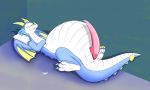  absurd_res anthro benjamin_elek_(oc) big_penis blue_body bodily_fluids cum cum_on_penis dragon dream genital_fluids genitals happy hi_res horn male obese obese_anthro obese_male overweight overweight_anthro overweight_male penis sharkarts simple_background sleeping solo wet_dream white_body wings 