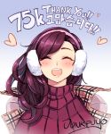  1girl :o artist_name banned_artist blue_background blush closed_eyes earmuffs followers gradient gradient_background heart jacket junkpuyo open_clothes open_jacket open_mouth original purple_hair red_sweater ribbed_sweater sweater translation_request turtleneck upper_body 