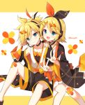  1boy 1girl :d bangs black_shorts blonde_hair blue_eyes blush brother_and_sister closed_mouth commentary_request diagonal_stripes eyebrows_visible_through_hair feet_out_of_frame hair_between_eyes hair_ornament hairclip hand_up headphones headset kagamine_len kagamine_rin long_sleeves looking_at_viewer mauve open_mouth short_shorts shorts siblings sitting smile striped striped_background twins twitter_username vocaloid w white_background wide_sleeves x_hair_ornament 