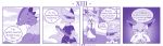  4koma ambiguous_gender anthro bed braver_(character) clothing comic dialogue dragon duo english_text feral flashback folding_fan furniture hi_res kobold mask misunderstanding monochrome princess profanity purple_theme royalty text vavacung 