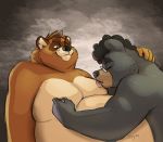  anthro canid canine duo eyewear glasses hands_behind_head hi_res izvy_(artist) looking_at_another male male/male mammal nipple_fetish nipple_pinch nipple_play nipple_suck nipples overweight overweight_male pinch raccoon_dog simple_background sucking tanuki ursid 