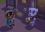  &lt;3 2020 animal_crossing anthro beverage bottomwear brown_body brown_fur canid canine canis clothing coffee detailed_background domestic_dog duo fur guitar hi_res hokolee32 k.k._slider mammal musical_instrument nintendo outside pants plucked_string_instrument raccoon_dog scarf shirt sitting slightly_chubby string_instrument tanuki tom_nook_(animal_crossing) topwear video_games white_body white_fur 