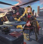  2girls aircraft animal animal_ears arknights black_footwear black_gloves blonde_hair breasts chinese_clothes coat crossed_legs gloves green_eyes helicopter high_heels highres lin_yuhsia_(arknights) medium_breasts multiple_girls open_mouth pink_hair sima_naoteng sitting smile swire_(arknights) thighhighs tiger_ears vehicle war_thunder weapon yellow_eyes 
