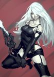  1girl absurdres android armlet bare_shoulders black_gloves black_shorts black_tank_top blue_eyes boots commentary_request elbow_gloves gloves hair_over_one_eye high_heel_boots high_heels highres holding holding_weapon joints long_hair mole mole_under_mouth nier_(series) nier_automata pale_skin red_background robot_joints shorts silver_hair tank_top thinker_0616 weapon yorha_type_a_no._2 