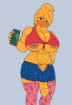  anthro avian balls beak beverage_can big_balls big_breasts big_penis bird bottomwear breasts bulge chica_(fnaf) chicken clothed clothing crisis-omega five_nights_at_freddy&#039;s flaccid freckles galliform gallus_(genus) genitals gynomorph hi_res holding_object humanoid_genitalia humanoid_penis ineffective_clothing intersex legwear muscle_bird muscular muscular_anthro muscular_gynomorph muscular_intersex nipple_slip nipples non-mammal_breasts penis penis_through_leghole phasianid poking_out pubes shorts solo standing topwear uncut video_games yellow_body 
