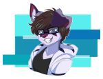  2020 anthro brown_hair canid canine canis clothed clothing digital_media_(artwork) domestic_dog eyewear female glasses grin hair hi_res jacket mammal multicolored_ears rainbowscreen shirt smile square_glasses t-shirt teeth topwear 