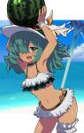  1girl beach bikini bikini_skirt dark_skin food fruit granblue_fantasy green_eyes green_hair hair_over_one_eye hat highres kolulu_(granblue_fantasy) long_hair navel ocean polearm smile spear suibotuouji swimsuit thigh_strap watermelon weapon 