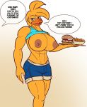  abs anthro avian beak big_breasts bird bottomwear breasts burger chica_(fnaf) chicken clothed clothing crisis-omega dialogue digital_media_(artwork) ear_piercing ear_ring english_text female five_nights_at_freddy&#039;s flashing food freckles galliform gallus_(genus) hair holding_object muscle_bird muscular muscular_anthro muscular_female nipples non-mammal_breasts phasianid piercing shorts simple_background solo text topwear unseen_character video_games yellow_body 