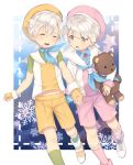  2boys brothers closed_eyes double_scoop_(food_fantasy) fingerless_gloves food_fantasy gloves hat holding holding_hands holding_stuffed_animal multiple_boys pink_eyes sailor_collar sailor_hat short_hair shorts siblings strawberry_(food_fantasy) stuffed_animal stuffed_toy teddy_bear vanilla_(food_fantasy) white_hair 
