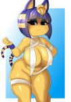  absurd_res animal_crossing ankha_(animal_crossing) anthro big_breasts breasts domestic_cat erect_nipples felid feline felis female hi_res looking_at_viewer mammal nintendo nipple_outline nipples solo striped_tail stripes thick_thighs uraeus video_games wide_hips xiceowl 