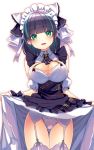  1girl ass_visible_through_thighs azur_lane black_dress black_hair breasts cheshire_(azur_lane) cleavage dress dress_lift garter_belt garter_straps green_eyes lifted_by_self maid maid_headdress multicolored_hair open_mouth panties ribbon short_hair simple_background smile solo streaked_hair thigh_gap thighhighs thighs underwear usume_shirou white_background white_legwear white_panties wrist_cuffs 