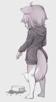  1girl ahoge animal_ears between_legs container dog_(mixed_breed)_(kemono_friends) dog_ears dog_tail food from_behind full_body grey_background grey_hair grey_hoodie hood hood_down kemono_friends long_sleeves multicolored_hair muted_color no_shoes noodles nyifu pantyhose short_hair simple_background solo spill standing tail tail_between_legs white_hair white_legwear 