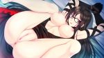  1girl :o anus armpits black_dress black_gloves black_hair bound bound_wrists breasts censored consort_yu_(fate) dress earrings elbow_gloves fate/grand_order fate_(series) glaring glasses gloves jewelry large_breasts long_hair looking_at_viewer m_legs mosaic_censoring nipples open_mouth pussy red_eyes restrained rope shiny shiny_skin solo splush_wave spread_legs 