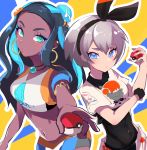  2girls armlet black_bodysuit black_hair black_hairband blue_eyes blue_hair bodysuit bodysuit_under_clothes collared_shirt commentary_request covered_navel dark_skin earrings grey_hair gym_leader hair_bun hairband highres holding holding_poke_ball hoop_earrings jewelry long_hair looking_at_viewer makeup multicolored_hair multiple_girls navel necklace poke_ball poke_ball_(basic) pokemon pokemon_(game) pokemon_swsh print_shirt print_shorts rurina_(pokemon) saitou_(pokemon) shirt short_hair short_sleeves shorts tied_shirt two-tone_hair witchdalisweet 