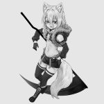 1girl animal_ears blush boots breasts cropped_jacket cross-laced_footwear detached_sleeves dog_ears dog_girl dog_tail eyebrows_visible_through_hair fang fur-trimmed_jacket fur_trim gloves greyscale hair_between_eyes holding holding_scythe holding_weapon jacket lace-up_boots looking_at_viewer medium_hair monochrome nyifu open_mouth original scythe small_breasts smile solo tail thighhighs underboob weapon 