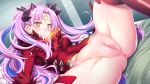  1girl anus bed blush brown_eyes censored closed_mouth fate/grand_order fate_(series) fur_trim hair_ornament indoors ishtar_(fate)_(all) long_hair looking_away lying mosaic_censoring no_panties on_back pink_hair pussy red_legwear red_shirt shiny shiny_skin shirt solo space_ishtar_(fate) splush_wave spread_legs star-shaped_pupils star_(symbol) symbol-shaped_pupils thighhighs two_side_up 