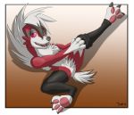  ambiguous_gender anthro black_nose canid canine claws clothing fingers fur hair half-closed_eyes leggings legwear looking_at_viewer lycanroc lying mammal midnight_lycanroc narrowed_eyes nintendo open_mouth pawpads pok&eacute;mon pok&eacute;mon_(species) red_body red_fur sharp_teeth small_tail socks solo teeth thedustywerewolf toe_claws toes video_games white_body white_fur white_hair 