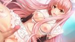  1boy 1girl :d blush breasts breasts_outside censored dutch_angle fate/grand_order fate_(series) frills girl_on_top grinding indoors long_hair medb_(fate)_(all) medb_(fate/grand_order) medium_breasts midriff mosaic_censoring navel nipples no_panties open_mouth penis pink_hair raised_eyebrows shiny shiny_skin shirt_pull skirt smile splush_wave spread_legs tiara white_skirt yellow_eyes 