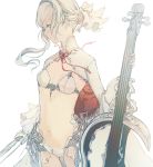  1girl absurdres asymmetrical_hair bow_(instrument) bra breasts cello cowboy_shot highres instrument long_hair long_sleeves looking_down navel panties senryoko simple_background sinoalice small_breasts snow_white_(sinoalice) solo tiara underwear white_background white_bra white_hair white_panties wide_sleeves 