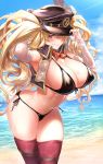  1girl beach blonde_hair blue_sky blush breasts bridal_gauntlets brown_eyes cleavage cropped_vest elbow_gloves gloves granblue_fantasy grin hat hat_feather highres huge_breasts long_hair looking_at_viewer military_hat monika_weisswind navel ocean open_clothes open_vest peaked_cap red_legwear shore sky smile thighhighs thighs twintails ulrich_(tagaragakuin) vest wavy_hair wet white_gloves wide_hips 
