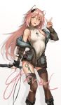  2020 animal_humanoid arknights blush breasts clothing female gesture gravel_(arknights) hair hi_res humanoid jacket long_hair looking_aside macreeeeee mammal mammal_humanoid melee_weapon navel open_mouth rodent rodent_humanoid simple_background solo standing tight_clothing topwear v_sign weapon white_background zipper 