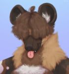  african_wild_dog anthro black_nose canid canine canis darius_davis digital_media_(artwork) fur hair_over_eyes headshot_portrait hi_res male mammal multicolored_body multicolored_fur portrait psyzh simple_background smile solo tongue tongue_out 