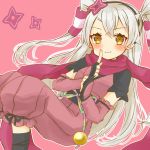  1girl alternate_costume amatsukaze_(kantai_collection) brown_eyes cocoperino commentary_request gauntlets hair_tubes hairband japanese_clothes kantai_collection long_hair ninja pink_background red_scarf scarf short_sleeves shuriken silver_hair simple_background solo two_side_up windsock 