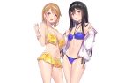  2girls bikini black_hair blush breasts brown_hair cameltoe choker cleavage fang hoodie long_hair original pop_kyun purple_eyes short_hair swimsuit white wristwear 