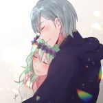  1boy 1girl ashe_ubert blush byleth_(fire_emblem) byleth_(fire_emblem)_(female) closed_eyes collarbone couple fire_emblem fire_emblem:_three_houses green_hair hand_on_another&#039;s_shoulder hood hood_down long_hair parted_lips profile shiny shiny_hair silver_hair simple_background smile upper_body white_background yori_(a_a_yori) 