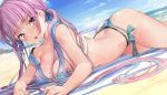  1girl akasaai ass beach_mat bikini black_bikini blue_bikini blue_sky blush breasts dutch_angle highres hololive horizon layered_bikini lying minato_aqua on_stomach open_mouth purple_eyes purple_hair sailor_collar side-tie_bikini sky swimsuit virtual_youtuber 