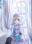  1girl aoi_(pixiv2498037) artist_name bangs black_legwear blue_dress blurry blurry_background blush cape closed_mouth commentary_request curtains dated depth_of_field dress elbow_gloves eyebrows_visible_through_hair feet_out_of_frame gloves hands_on_lap hat highres indoors long_sleeves looking_at_viewer melia pink_cape pleated_dress silver_hair sitting smile solo thighhighs white_gloves window xenoblade_(series) xenoblade_1 
