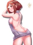  1girl absurdres aran_sweater ass backless_dress backless_outfit bare_back bare_shoulders blush boku_no_hero_academia breasts brown_eyes brown_hair butt_crack dated drawstring dress embarrassed grey_sweater highres large_breasts looking_back meme_attire naked_sweater no_bra no_panties revealing_clothes ribbed_sweater shadow short_hair sideboob sidelocks signature simple_background solo sweater tokisan turtleneck turtleneck_sweater uraraka_ochako virgin_killer_sweater wavy_mouth white_background 