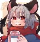  1girl :q animal_ears bangs black_bow bow capelet commentary_request cup glass grey_hair highres holding holding_cup looking_at_viewer milk milk_mustache mouse_ears mouse_tail nazrin prat_rat red_eyes red_scarf scarf scarf_bow short_hair signature solo tail tail_bow tongue tongue_out touhou upper_body yellow_background 