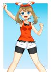  1girl :d absurdres arm_up armpits bike_shorts black_shorts blue_background blue_eyes bow brown_hair collarbone floating_hair hair_bow hairband haruka_(pokemon) highres long_hair looking_at_viewer open_mouth pokemon pokemon_(game) pokemon_oras red_hairband red_shirt shiny shiny_hair shirt short_shorts shorts shorts_under_shorts sleeveless sleeveless_shirt smile solo standing striped striped_bow twintails v-shaped_eyebrows white_background white_shorts yuihiko 