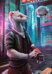  2020 anthro building city clothed clothing detailed detailed_background fully_clothed fur hi_res kebi light lighting mammal mustelid outside pink_nose science_fiction solo standing whiskers white_body white_fur 