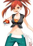 1girl :d absurdres asuna_(pokemon) bangs blue_pants breasts cleavage collarbone cowboy_shot floating_hair high_ponytail highres holding holding_poke_ball long_hair medium_breasts midriff navel open_mouth orange_eyes pants parted_bangs poke_ball pokemon pokemon_(game) pokemon_oras red_hair shirt simple_background smile solo standing stomach tied_shirt v-shaped_eyebrows white_background yuihiko 