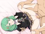  1boy 1girl barefoot bow clothed_sex fire_emblem fire_emblem:_three_houses flayn_(fire_emblem) garreg_mach_monastery_uniform green_eyes green_hair hair_ornament highres long_hair long_sleeves lying on_back open_mouth penis pillow sex solo_focus spread_legs uniform vaginal yaomai 