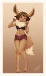  2020 3:5 anthro blush border brown_body brown_fur canid canine clothed clothing digital_media_(artwork) eevee female fur hair hi_res humanoid looking_at_viewer mammal nintendo pok&eacute;mon pok&eacute;mon_(species) sadleen simple_background smile solo video_games white_border 